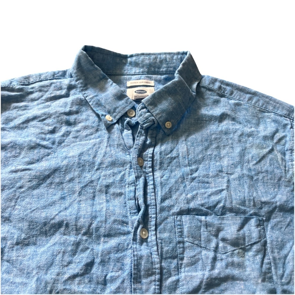 Old Navy Linen Blend Shirt Mens Large Regular Fit Blue Short Sleeve Button‎ Down